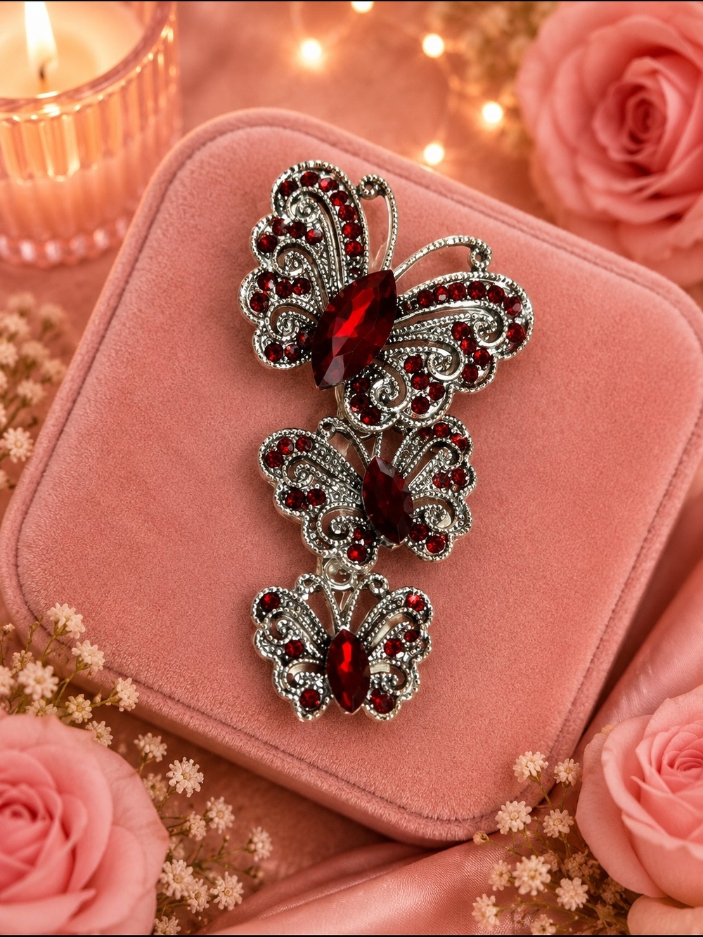 Silver-Tone Red Crystal Butterfly Brooch - Elegant Women's Jewelry